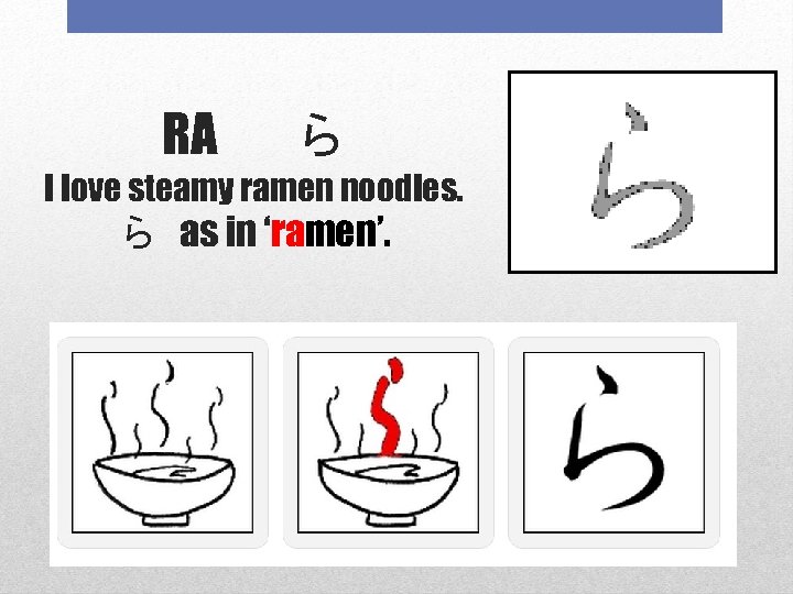 RA 　ら I love steamy ramen noodles. ら as in ‘ramen’. 