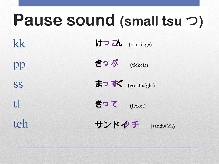 Pause sound (small tsu つ) kk けっこ (marriage) ん　 pp きっぷ ss まっす (go