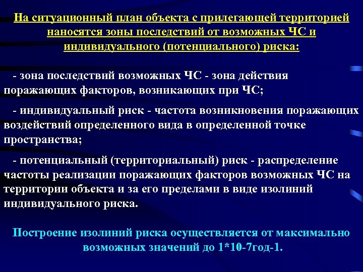 На ситуационный план объекта с прилегающей территорией наносятся зоны последствий от возможных ЧС и