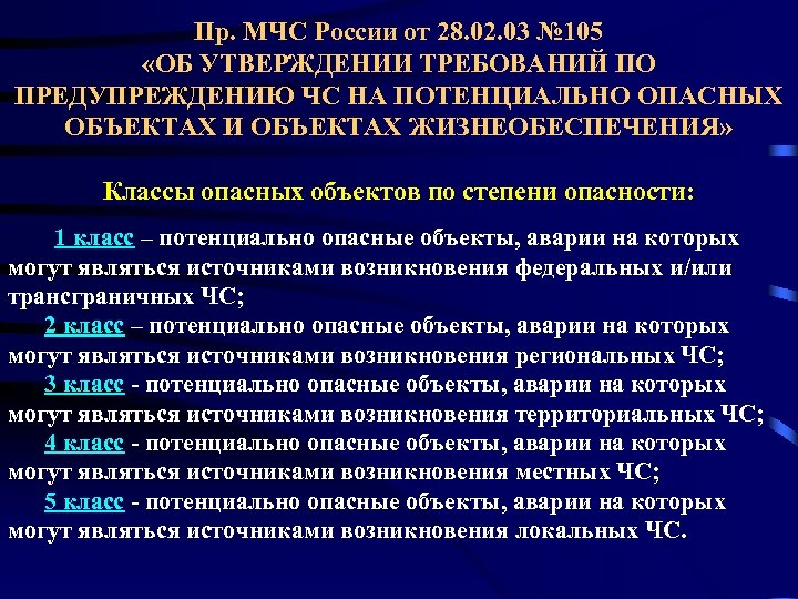Пр. МЧС России от 28. 02. 03 № 105 «ОБ УТВЕРЖДЕНИИ ТРЕБОВАНИЙ ПО ПРЕДУПРЕЖДЕНИЮ