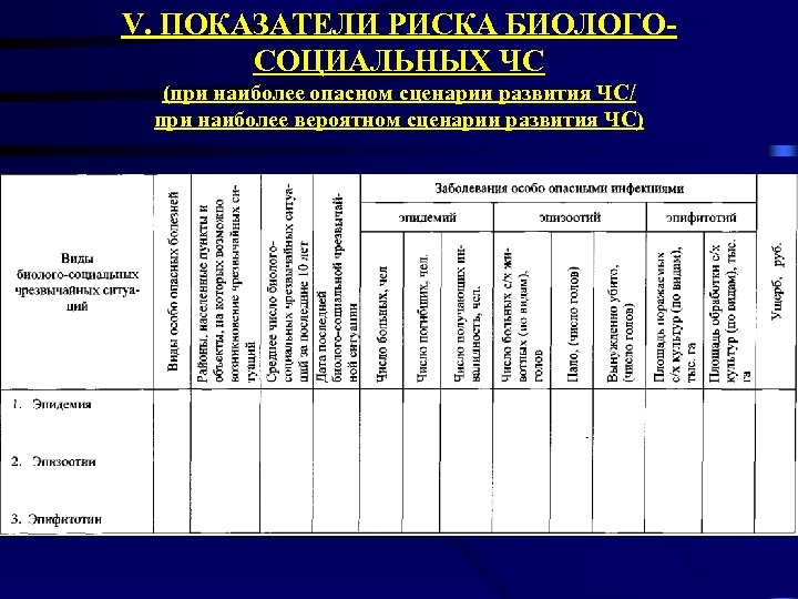 V. ПОКАЗАТЕЛИ РИСКА БИОЛОГОСОЦИАЛЬНЫХ ЧС (при наиболее опасном сценарии развития ЧС/ при наиболее вероятном