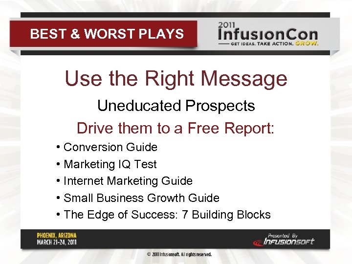 BEST & WORST PLAYS Use the Right Message Uneducated Prospects Drive them to a