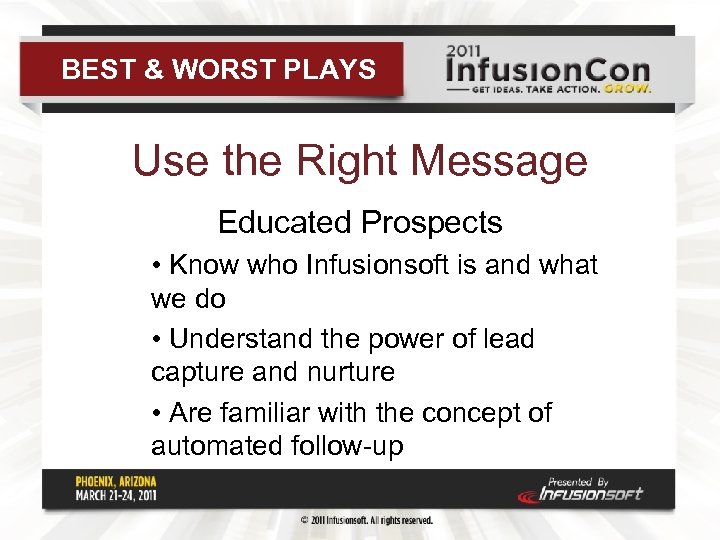 BEST & WORST PLAYS Use the Right Message Educated Prospects • Know who Infusionsoft
