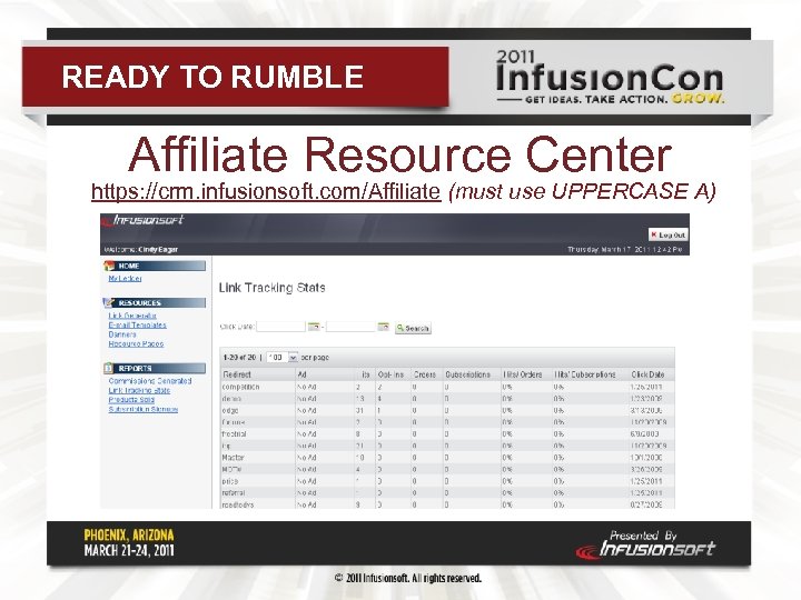 READY TO RUMBLE Affiliate Resource Center https: //crm. infusionsoft. com/Affiliate (must use UPPERCASE A)