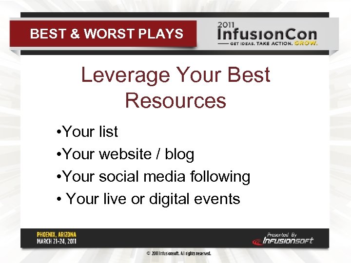 BEST & WORST PLAYS Leverage Your Best Resources • Your list • Your website