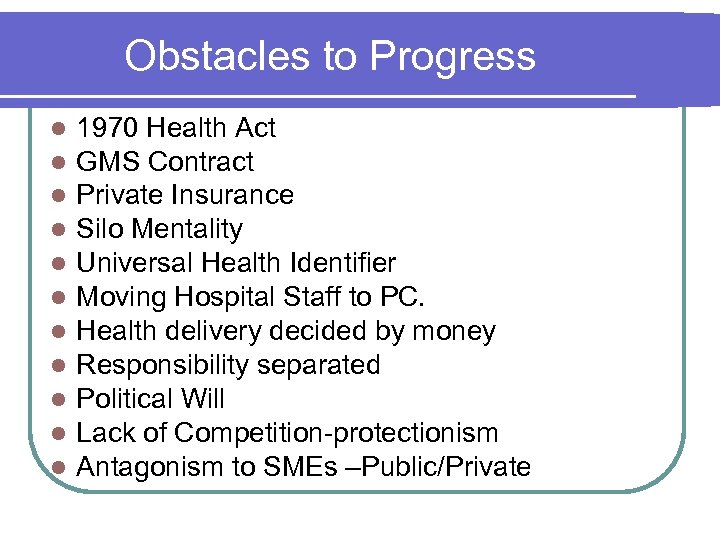 Obstacles to Progress 1970 Health Act GMS Contract Private Insurance Silo Mentality Universal Health