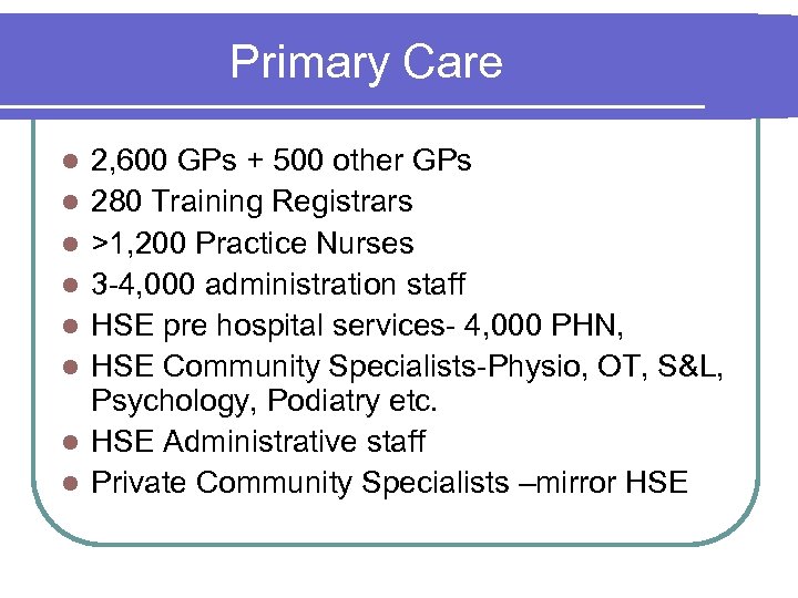 Primary Care 2, 600 GPs + 500 other GPs 280 Training Registrars >1, 200