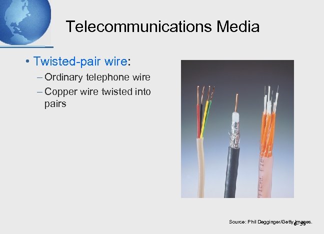 Telecommunications Media • Twisted-pair wire: – Ordinary telephone wire – Copper wire twisted into