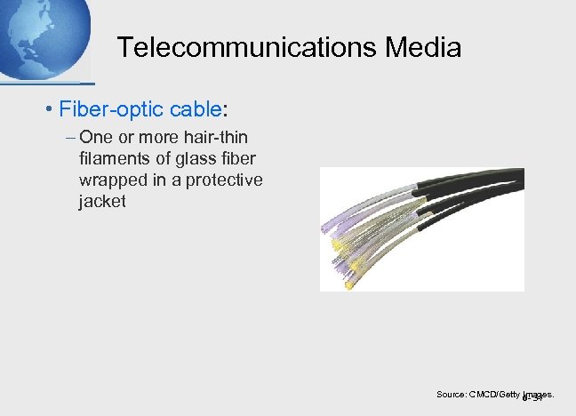 Telecommunications Media • Fiber-optic cable: – One or more hair-thin filaments of glass fiber