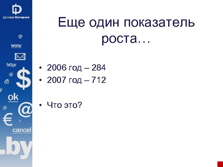 Еще один показатель роста… • 2006 год – 284 • 2007 год – 712