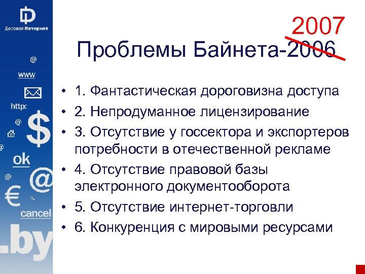 2007 Проблемы Байнета-2006 • 1. Фантастическая дороговизна доступа • 2. Непродуманное лицензирование • 3.