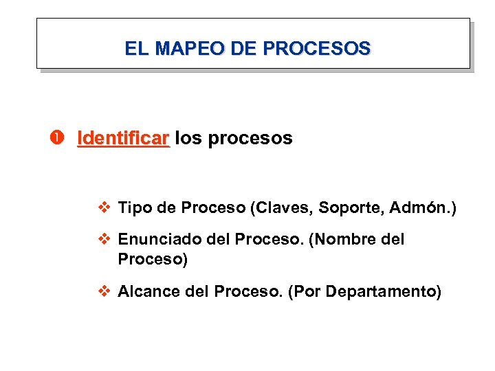 EL MAPEO DE PROCESOS Identificar los procesos v Tipo de Proceso (Claves, Soporte, Admón.