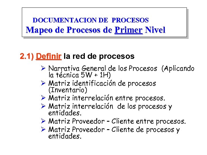DOCUMENTACION DE PROCESOS Mapeo de Procesos de Primer Nivel 2. 1) Definir la red