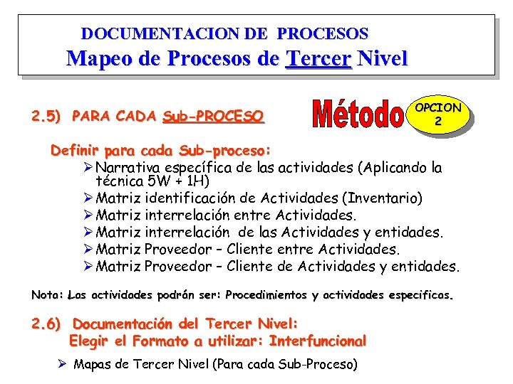 DOCUMENTACION DE PROCESOS Mapeo de Procesos de Tercer Nivel 2. 5) PARA CADA Sub-PROCESO