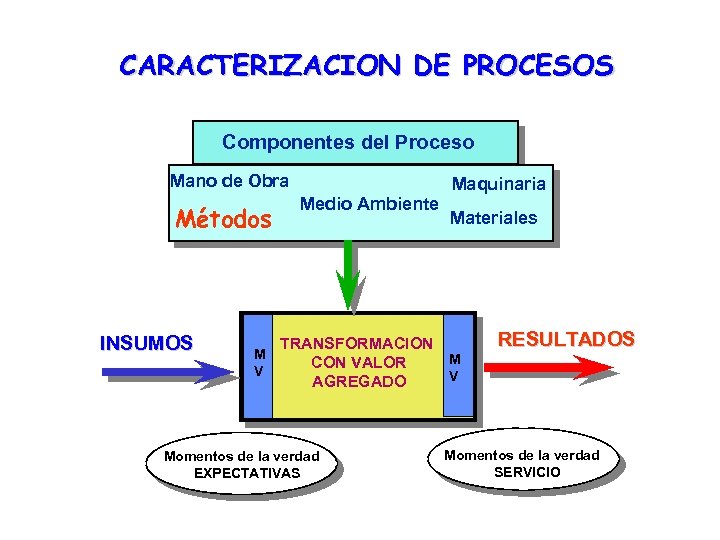 CARACTERIZACION DE PROCESOS Componentes del Proceso Mano de Obra Métodos INSUMOS M V Medio