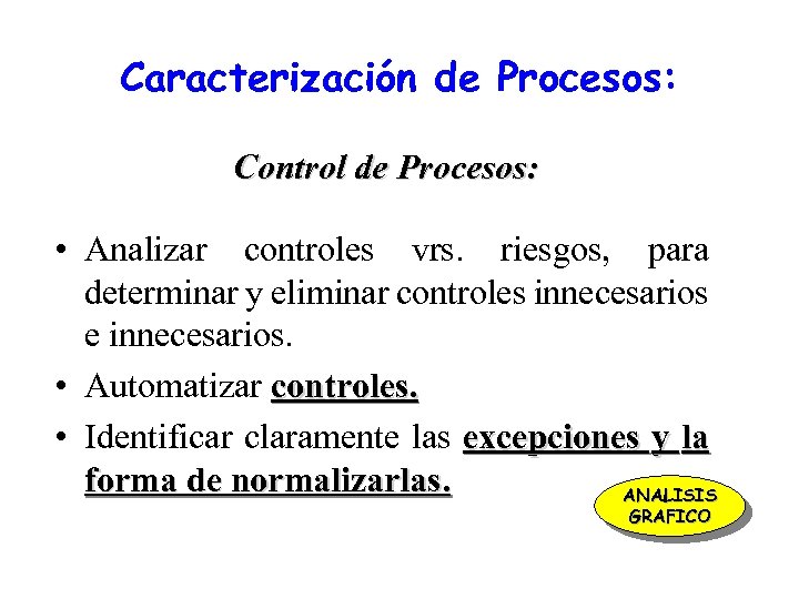 Caracterización de Procesos: Control de Procesos: • Analizar controles vrs. riesgos, para determinar y