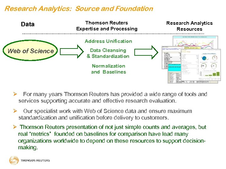 Research Analytics: Source and Foundation Data Thomson Reuters Expertise and Processing Research Analytics Resources