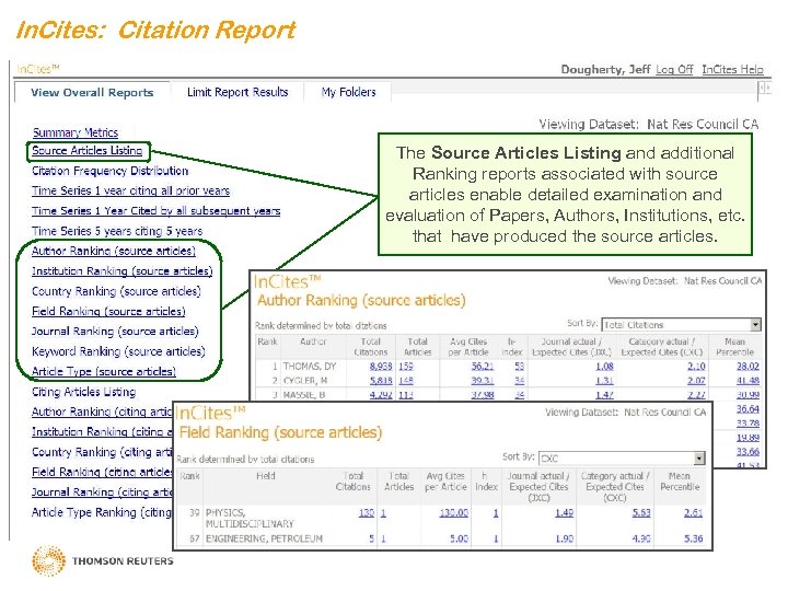 In. Cites: Citation Report The Source Articles Listing and additional Ranking reports associated with