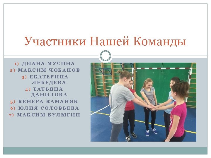 Участники Нашей Команды 1) ДИАНА МУСИНА 2) МАКСИМ ЧОБАНОВ 3) ЕКАТЕРИНА ЛЕБЕДЕВА 4) ТАТЬЯНА