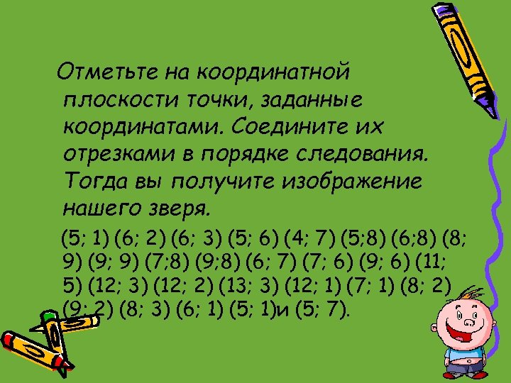 Отметьте на координатной плоскости точки, заданные координатами. Соедините их отрезками в порядке следования. Тогда