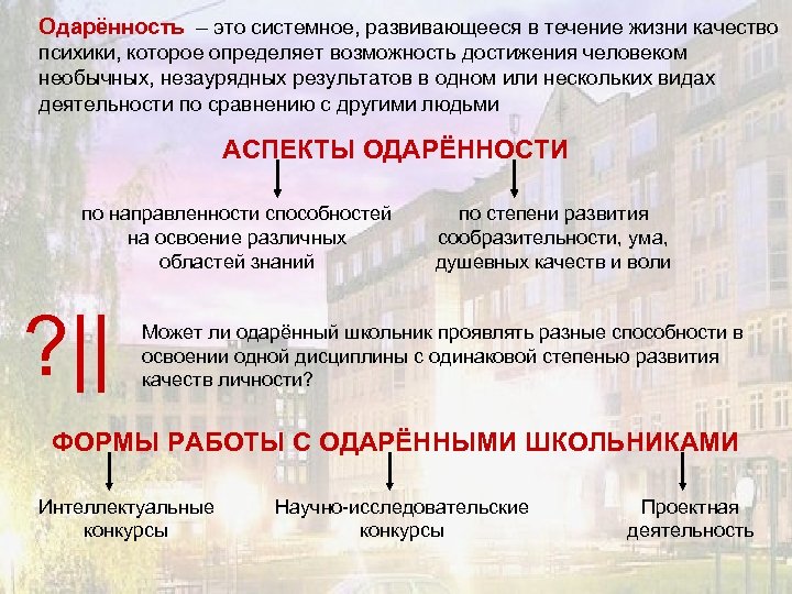 Одарённость – это системное, развивающееся в течение жизни качество психики, которое определяет возможность достижения