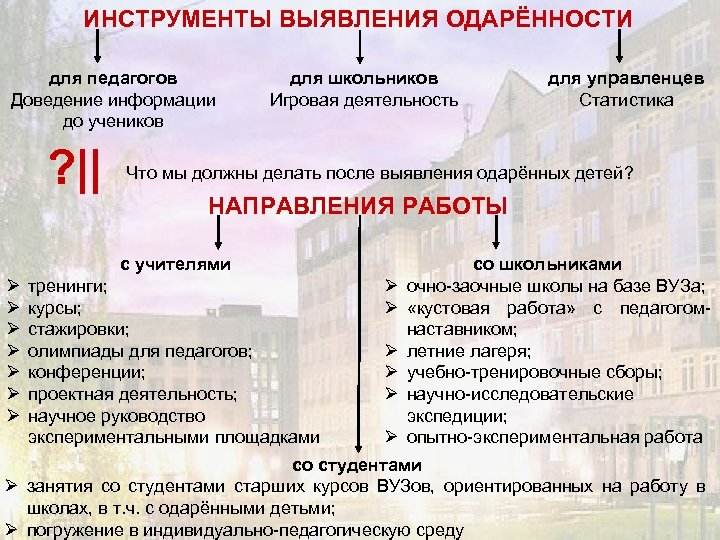 ИНСТРУМЕНТЫ ВЫЯВЛЕНИЯ ОДАРЁННОСТИ для педагогов Доведение информации до учеников ? || для школьников Игровая