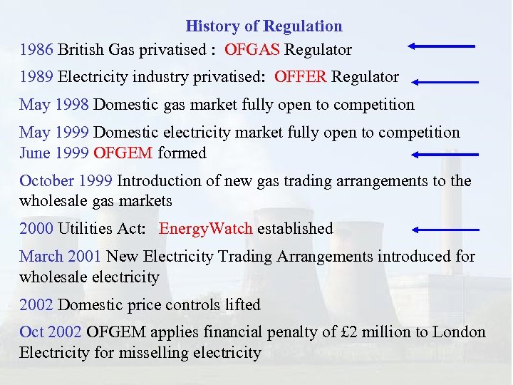History of Regulation 1986 British Gas privatised : OFGAS Regulator 1989 Electricity industry privatised: