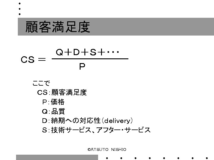 顧客満足度 　　 Ｑ＋Ｄ＋Ｓ＋・・・ ＣＳ ＝ Ｐ 　　　ここで 　　　　ＣＳ：顧客満足度　　 　　　　　Ｐ：価格 　　　　　Ｑ：品質　　 　　　　　Ｄ：納期への対応性（ｄｅｌｉｖｅｒｙ） 　　　　　Ｓ：技術サービス、アフター・サービス ©ＡＴＳＵＴＯ　ＮＩＳＨＩＯ 