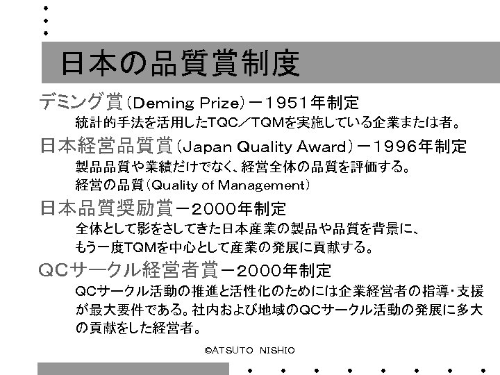 日本の品質賞制度 デミング賞（Ｄｅｍｉｎｇ Ｐｒｉｚｅ）－１９５１年制定 　　　　統計的手法を活用したＴＱＣ／ＴＱＭを実施している企業または者。 日本経営品質賞（Ｊａｐａｎ Ｑｕａｌｉｔｙ Ａｗａｒｄ）－１９９６年制定 　　　　製品品質や業績だけでなく、経営全体の品質を評価する。 　　　　経営の品質（Ｑｕａｌｉｔｙ ｏｆ Ｍａｎａｇｅｍｅｎｔ） 日本品質奨励賞－２０００年制定 　　　　全体として影をさしてきた日本産業の製品や品質を背景に、 　　　　もう一度ＴＱＭを中心として産業の発展に貢献する。