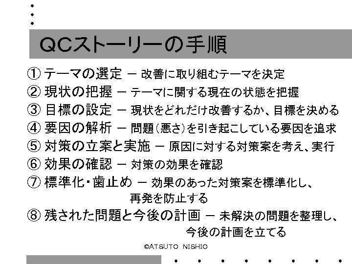 ＱＣストーリーの手順 ① テーマの選定 － 改善に取り組むテーマを決定 ② 現状の把握 － テーマに関する現在の状態を把握 ③ 目標の設定 － 現状をどれだけ改善するか、目標を決める ④