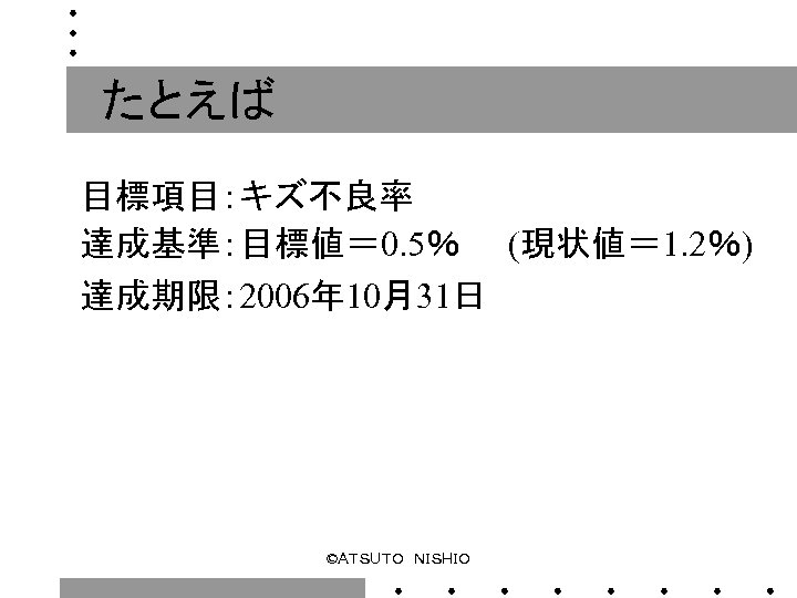 たとえば 目標項目：キズ不良率 達成基準：目標値＝ 0. 5％　　(現状値＝ 1. 2％) 達成期限： 2006年 10月31日 ©ＡＴＳＵＴＯ　ＮＩＳＨＩＯ 