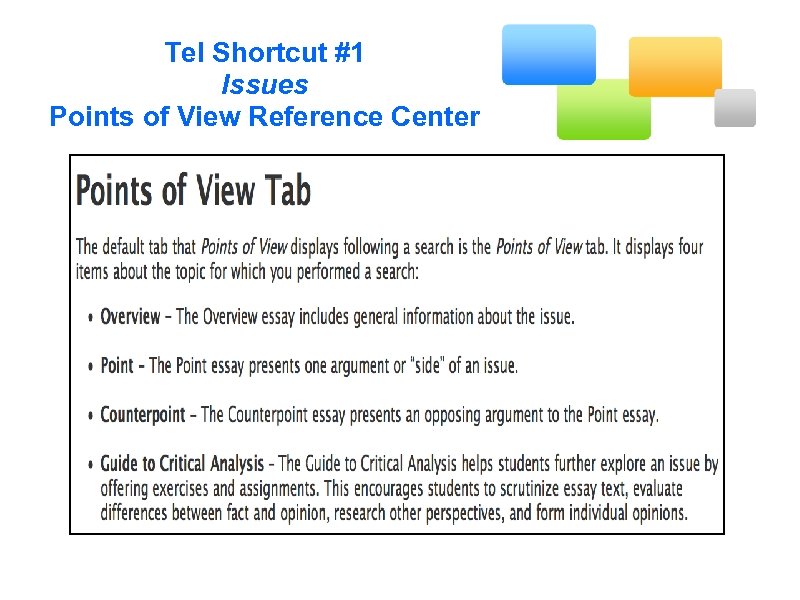 Tel Shortcut #1 Issues Points of View Reference Center 