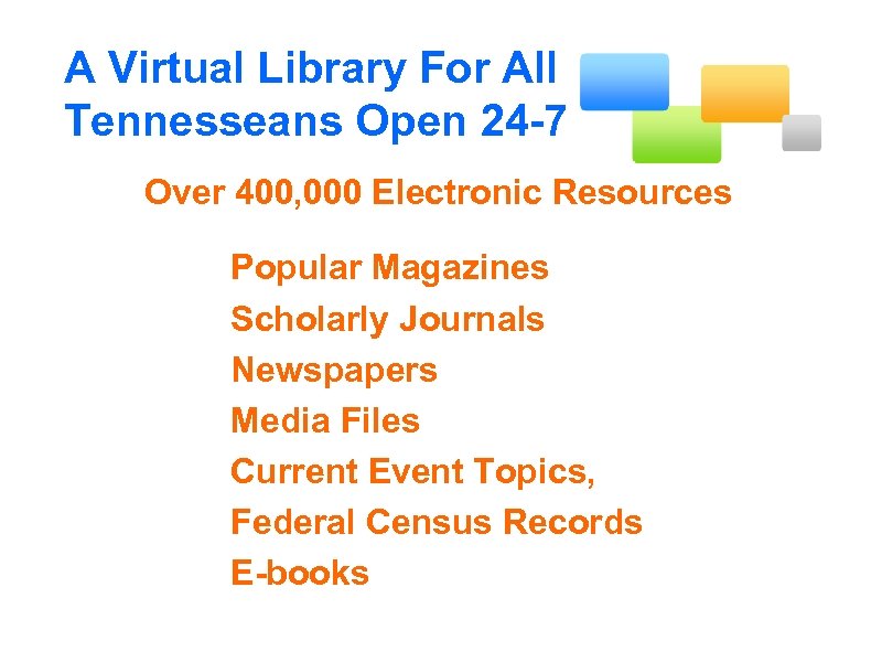 A Virtual Library For All Tennesseans Open 24 -7 Over 400, 000 Electronic Resources