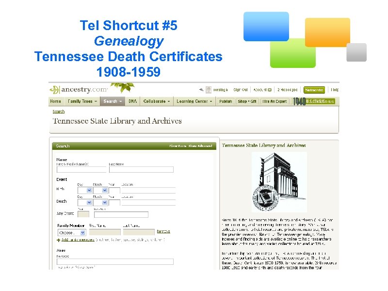 Tel Shortcut #5 Genealogy Tennessee Death Certificates 1908 -1959 