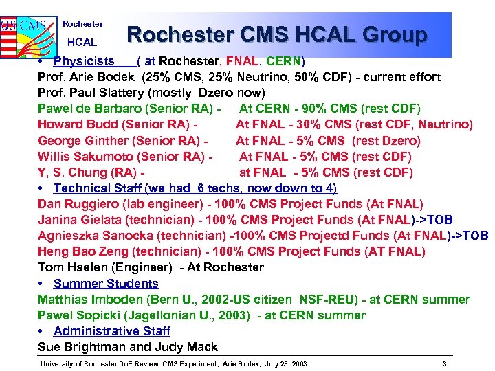 Rochester HCAL Rochester CMS HCAL Group • Physicists ( at Rochester, FNAL, CERN) Prof.