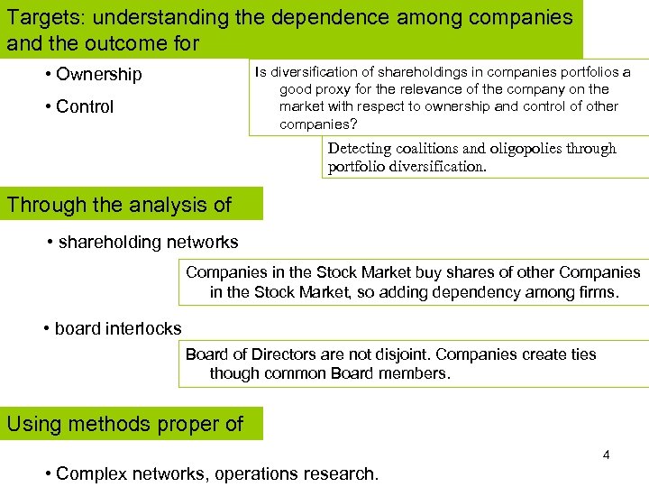 Targets: understanding the dependence among companies and the outcome for • Ownership Is diversification
