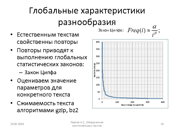 Глобальные характеристики разнообразия – Закон Ципфа • Оцениваем значение параметров для конкретного текста •