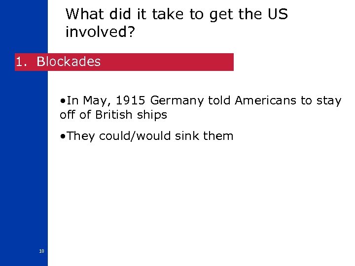 What did it take to get the US involved? 1. Blockades • In May,
