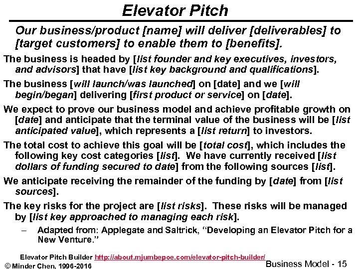 Elevator Pitch Our business/product [name] will deliver [deliverables] to [target customers] to enable them
