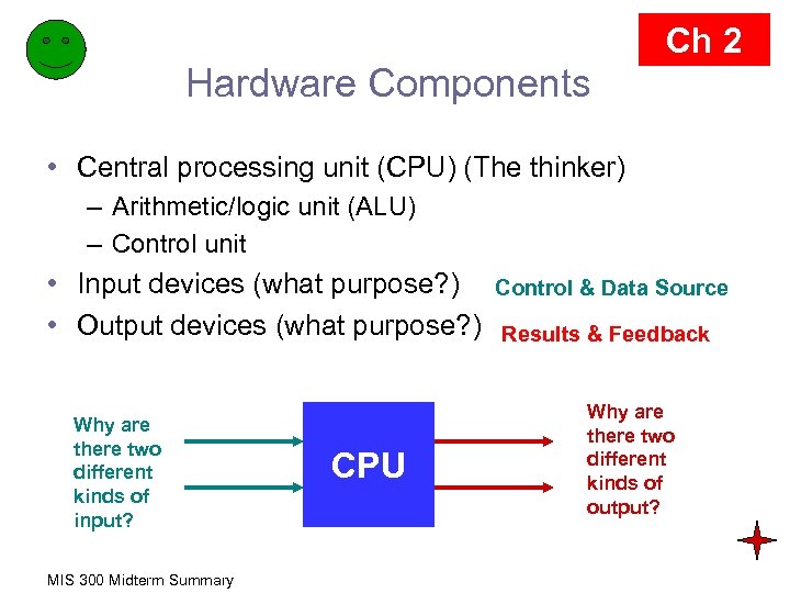 Ch 2 Hardware Components • Central processing unit (CPU) (The thinker) – Arithmetic/logic unit