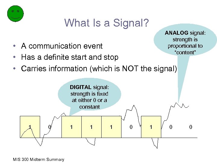 What Is a Signal? ANALOG signal: strength is proportional to “content” • A communication