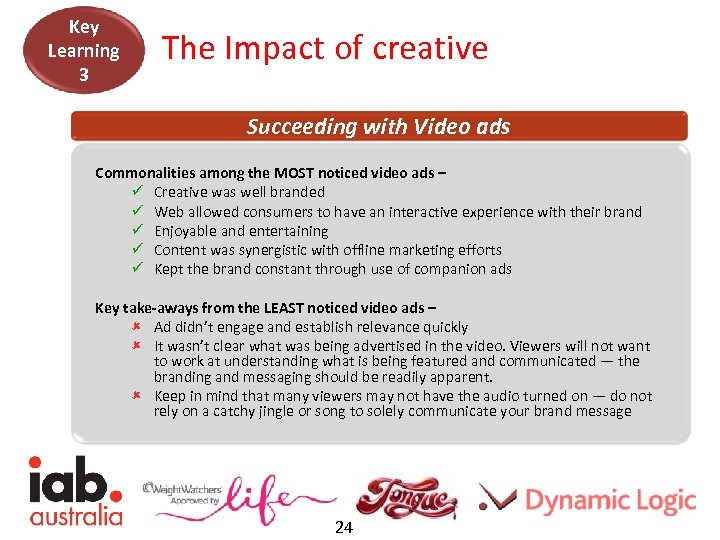 Key Learning 3 The Impact of creative Succeeding with Video ads Commonalities among the