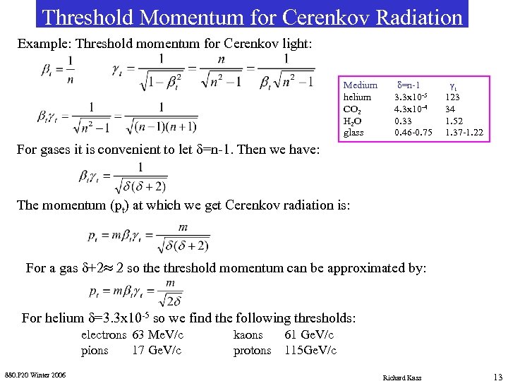 Threshold Momentum for Cerenkov Radiation Example: Threshold momentum for Cerenkov light: Medium helium CO