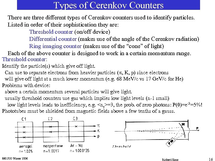 Types of Cerenkov Counters There are three different types of Cerenkov counters used to