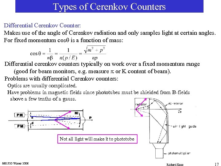 Types of Cerenkov Counters Differential Cerenkov Counter: Makes use of the angle of Cerenkov