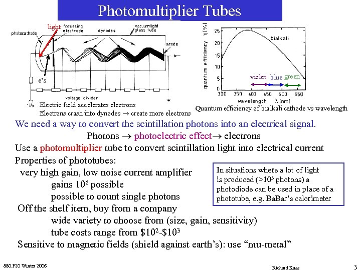 Photomultiplier Tubes light e’s violet blue green Electric field accelerates electrons Quantum efficiency of