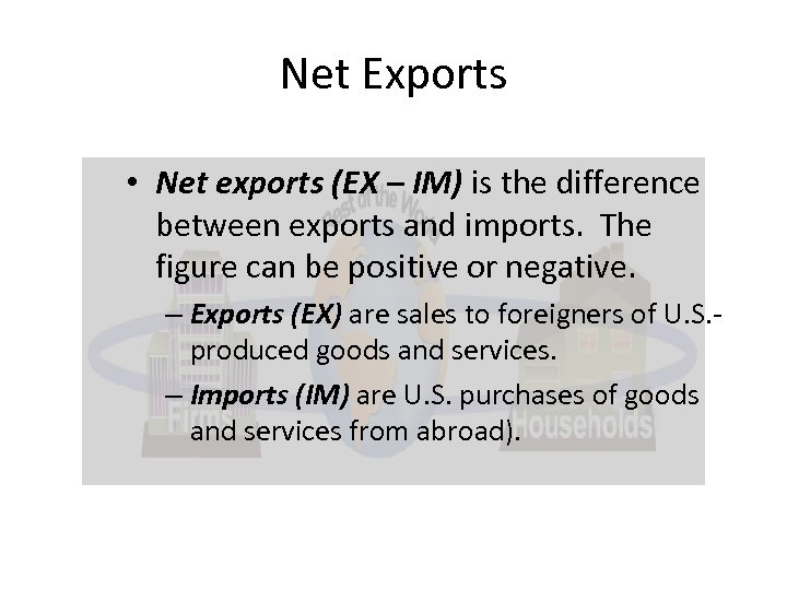 Net Exports • Net exports (EX – IM) is the difference between exports and
