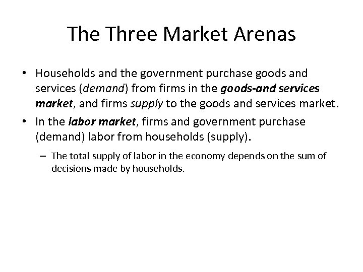 The Three Market Arenas • Households and the government purchase goods and services (demand)