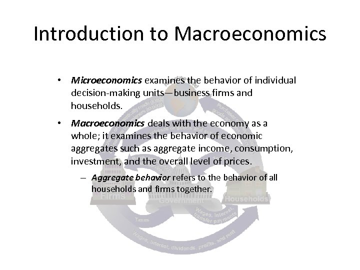 Introduction to Macroeconomics • Microeconomics examines the behavior of individual decision-making units—business firms and
