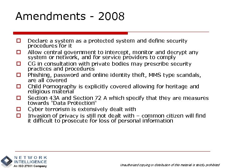 Amendments - 2008 o o o o Declare a system as a protected system
